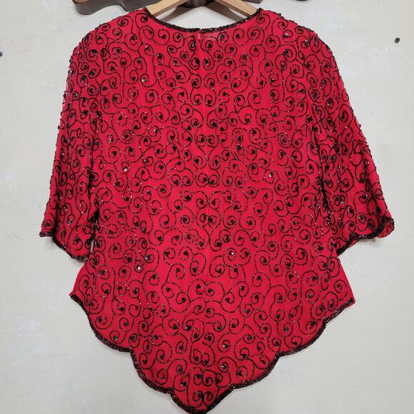 VTG Praise Hymn Fashions Pure Silk Red Bead Sequin Asymmetrical Formal Blouse✨️M - Picture 14 of 15